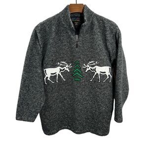 ACTIVE ELEMENTS Vintage 1/4 Zip Gray Sweater Skelton Reindeer Ski Pockets XL‎